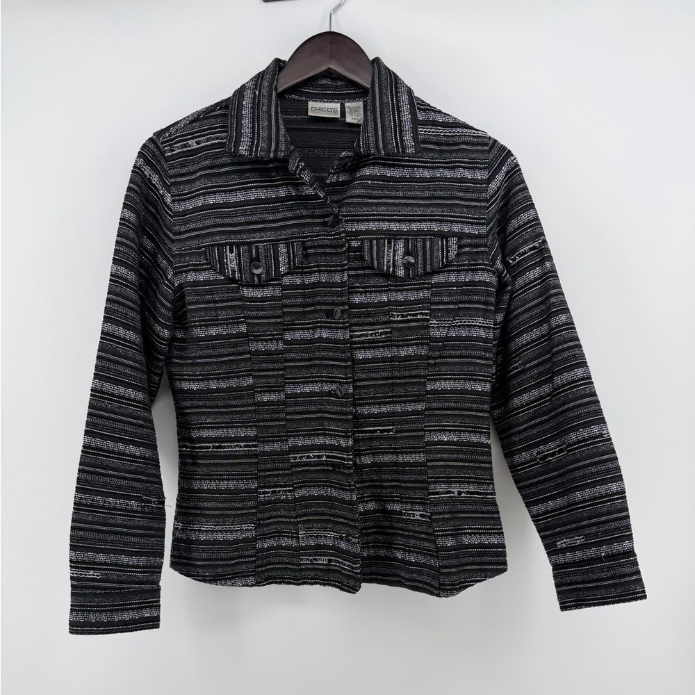 Chico's Black White Striped Metallic Textured Button Front Jacket Size 0 - Picture 4 of 8